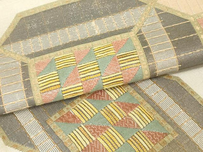 平和屋着物●京の名門 じゅらく謹製 八寸名古屋帯 幾何学横段文 正絹 逸品 DAAU6621ob