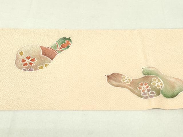 平和屋着物●京友禅作家　黒島敏　九寸名古屋帯　手描き　瓢箪　草花文　肌色　鬼しぼ縮緬　正絹　逸品　DAAU6645ob