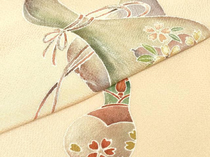 平和屋着物●京友禅作家　黒島敏　九寸名古屋帯　手描き　瓢箪　草花文　肌色　鬼しぼ縮緬　正絹　逸品　DAAU6645ob