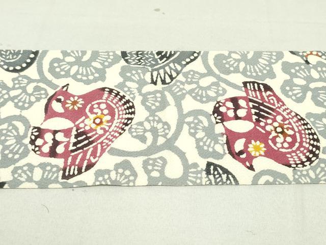 平和屋着物●九寸名古屋帯　型染め　花鳥唐草文　鬼しぼ縮緬　正絹　逸品　DAAU6664ob