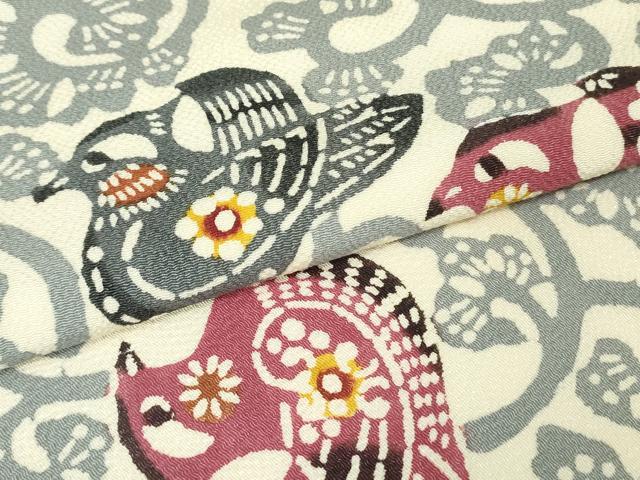 平和屋着物●九寸名古屋帯　型染め　花鳥唐草文　鬼しぼ縮緬　正絹　逸品　DAAU6664ob
