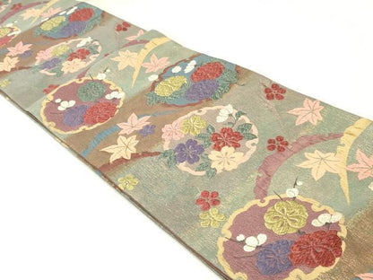 平和屋着物●両面　六通柄袋帯　唐織　草花丸文　金糸　正絹　逸品　DAAU6669ob