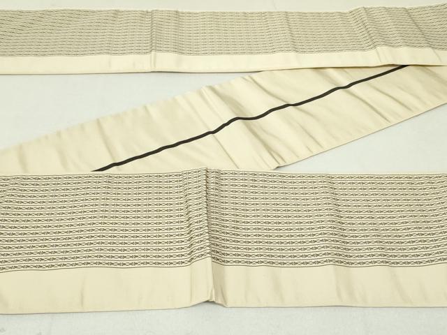 平和屋着物●本場筑前博多織　両面　半幅帯　献上　縞　練色　正絹　逸品　DAAU6709ob