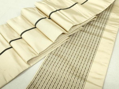 平和屋着物●本場筑前博多織　両面　半幅帯　献上　縞　練色　正絹　逸品　DAAU6709ob