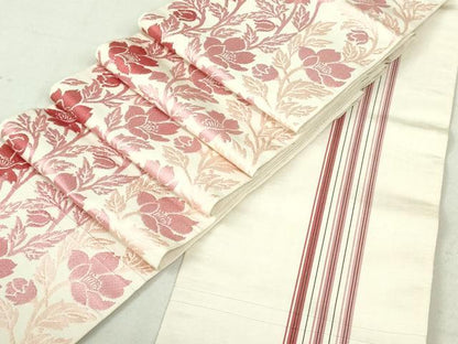 平和屋着物●本場筑前博多織　両面　半幅帯　草花間道　縞　正絹　逸品　DAAU6710ob