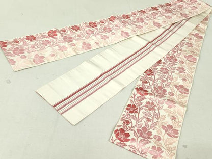 平和屋着物●本場筑前博多織　両面　半幅帯　草花間道　縞　正絹　逸品　DAAU6710ob