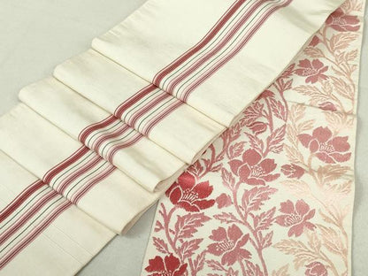 平和屋着物●本場筑前博多織　両面　半幅帯　草花間道　縞　正絹　逸品　DAAU6710ob