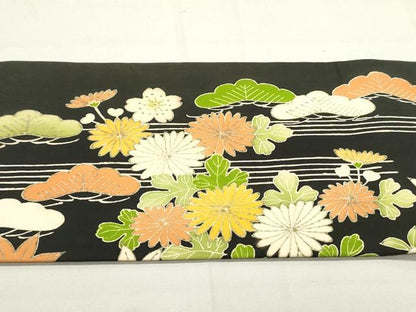 平和屋着物●塩瀬　九寸名古屋帯　草花松文　黒地　金彩　正絹　逸品　DAAU6758ob