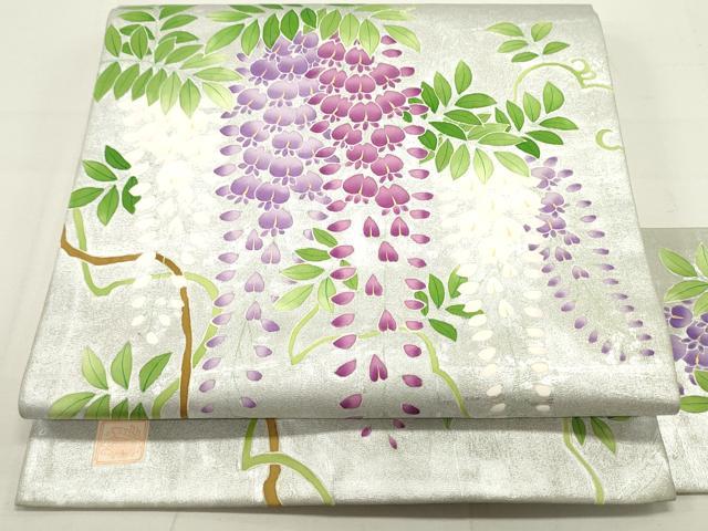 平和屋着物●銀座新松　塩瀬　九寸名古屋帯　枝垂れ藤　金銀彩　正絹　逸品　DAAU6780ob