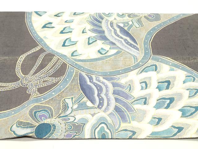 平和屋着物●太鼓柄袋帯　紬地　更紗花文　金通し地　正絹　逸品　DAAU6817ob