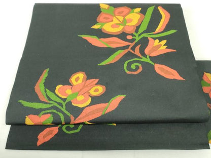 平和屋着物●九寸名古屋帯　更紗花文　黒地　正絹　逸品　DAAU6882ob
