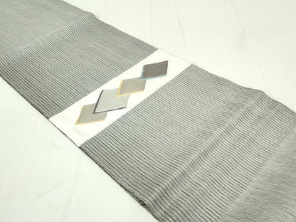 平和屋着物▽太鼓柄袋帯 スリーシーズン 春夏秋 菱横段文 銀通し地 正絹 逸品 DAAU6895ob