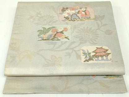 平和屋着物●六通柄袋帯 夢市楽 色紙人物草花文 金糸 正絹 逸品 DAAU6901ob