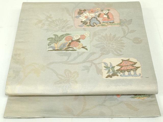 平和屋着物●六通柄袋帯 夢市楽 色紙人物草花文 金糸 正絹 逸品 DAAU6901ob