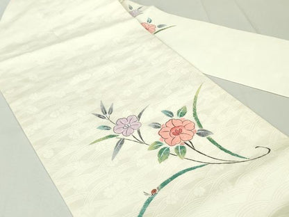 平和屋着物●九寸名古屋帯　作家物　手描き　草花文　てんとう虫　生成り色　正絹　逸品　DAAU6919ob