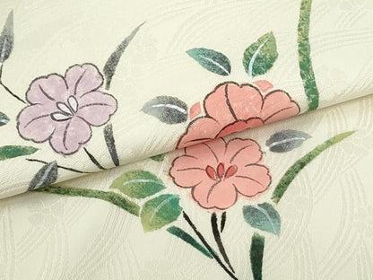 平和屋着物●九寸名古屋帯　作家物　手描き　草花文　てんとう虫　生成り色　正絹　逸品　DAAU6919ob