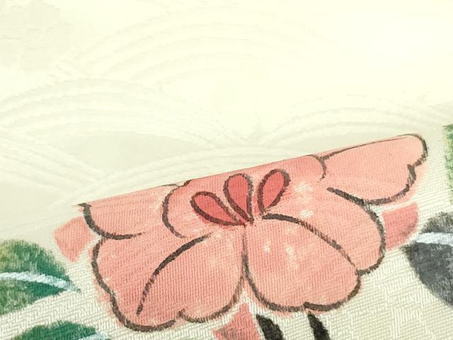 平和屋着物●九寸名古屋帯　作家物　手描き　草花文　てんとう虫　生成り色　正絹　逸品　DAAU6919ob