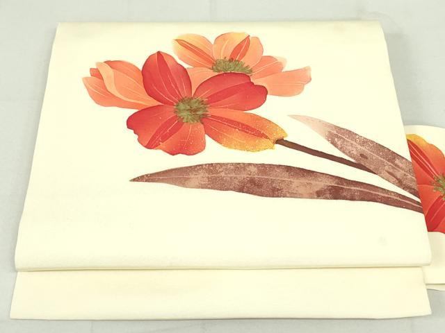 平和屋着物●塩瀬　九寸名古屋帯　ろうけつ染め　草花文　金彩　正絹　逸品　DAAU6931ob