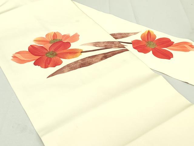平和屋着物●塩瀬　九寸名古屋帯　ろうけつ染め　草花文　金彩　正絹　逸品　DAAU6931ob