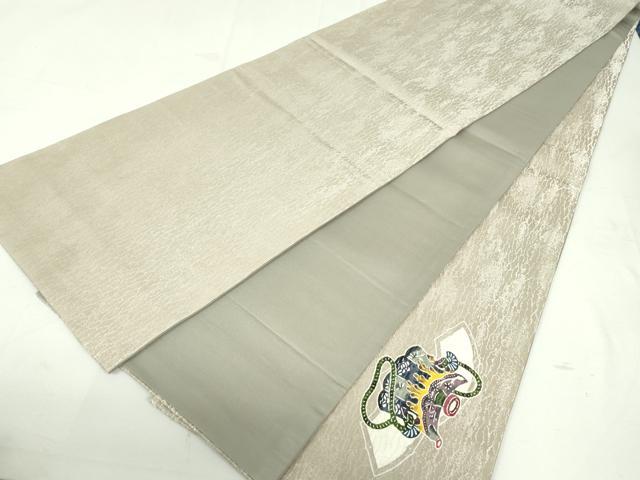 平和屋着物●太鼓柄袋帯　本場琉球紅型　地紙重ね陶器文　銀通し地　正絹　逸品　未使用　DAAU6951ob