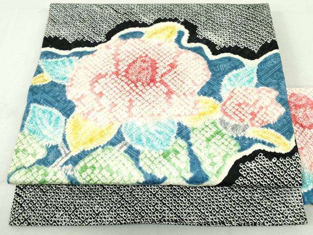 平和屋着物●名門 藤娘きぬたや・総絞り 九寸名古屋帯 草花文 黒地 正絹 逸品 DAAU6961ob