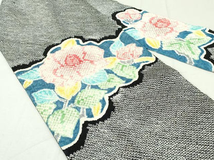 平和屋着物●名門 藤娘きぬたや・総絞り 九寸名古屋帯 草花文 黒地 正絹 逸品 DAAU6961ob