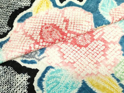平和屋着物●名門 藤娘きぬたや・総絞り 九寸名古屋帯 草花文 黒地 正絹 逸品 DAAU6961ob