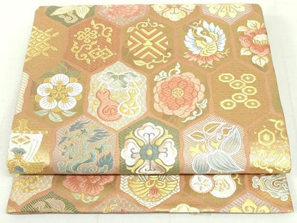 平和屋着物●六通柄袋帯　唐織　亀甲吉祥文　金糸　正絹　逸品　未使用　DAAU6976ob