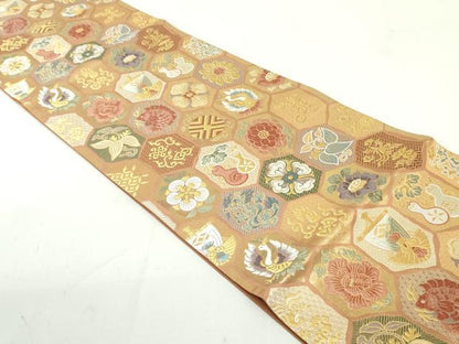 平和屋着物●六通柄袋帯　唐織　亀甲吉祥文　金糸　正絹　逸品　未使用　DAAU6976ob