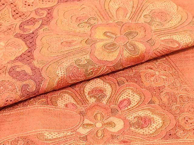 平和屋着物●中国三大刺繍　スワトウ刺繍　汕頭刺繍　総刺繍　太鼓柄袋帯　紬地　切嵌　蜀江更紗花唐草文　樺色　正絹　逸品　DAAU6979ob