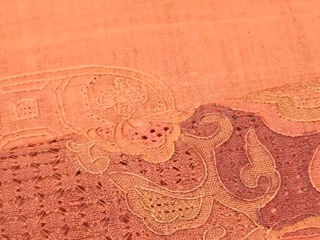 平和屋着物●中国三大刺繍　スワトウ刺繍　汕頭刺繍　総刺繍　太鼓柄袋帯　紬地　切嵌　蜀江更紗花唐草文　樺色　正絹　逸品　DAAU6979ob