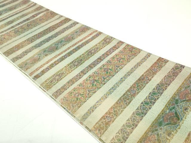平和屋着物●全通柄袋帯　紬地　更紗花唐草横段文　金彩　正絹　逸品　DAAU6990ob
