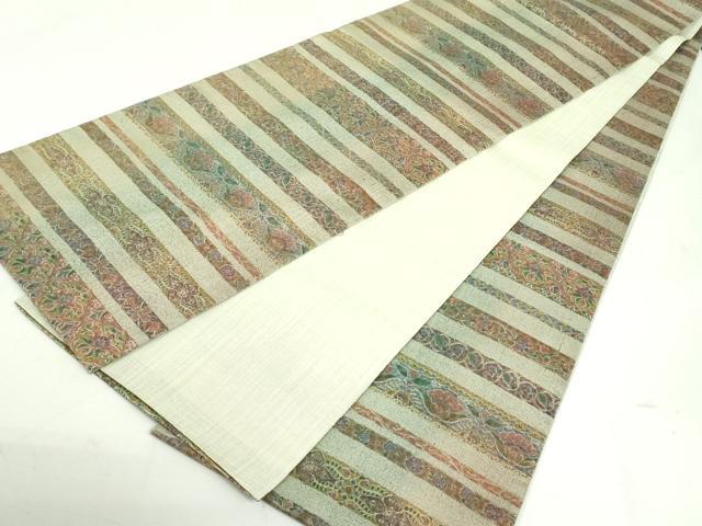 平和屋着物●全通柄袋帯　紬地　更紗花唐草横段文　金彩　正絹　逸品　DAAU6990ob
