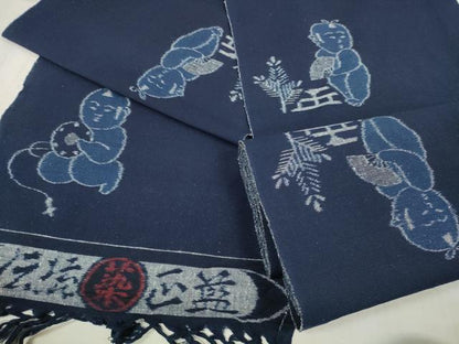 平和屋着物●久留米絣　反物　正藍　唐子遊び　綿　着尺　逸品　未使用　DAAU7459zzz
