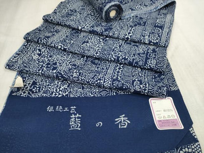平和屋着物∴夏物　浴衣・小紋兼用　反物　着尺　綿絽　伝統工芸　藍の香　吉祥花間道　綿　逸品　未使用　DAAU7862zzz