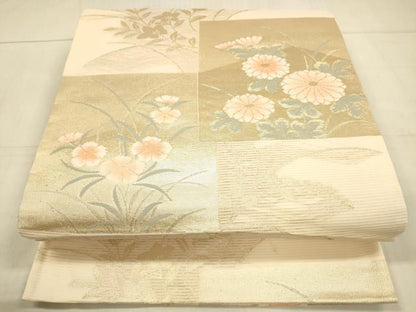 平和屋着物＊夏物 六通柄袋帯 色紙草花文 金糸 正絹 逸品 DAAU8129cm