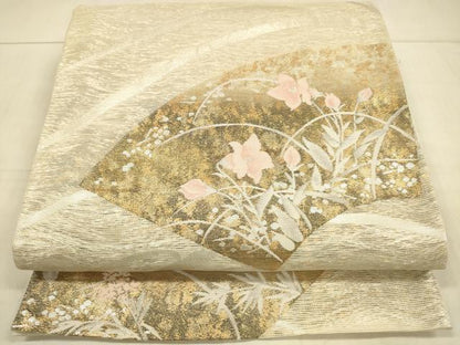 平和屋着物＊夏物　六通柄袋帯　扇に夏花　金銀糸　正絹　逸品　DAAU8139cm