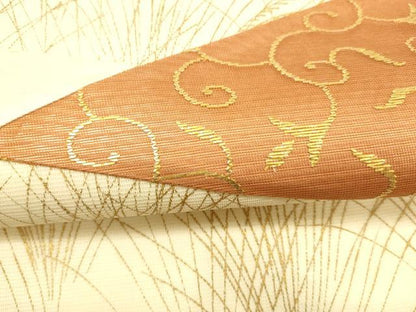 平和屋着物＊夏物 太鼓柄袋帯 草葉文 金糸 正絹 逸品 DAAU8321cm