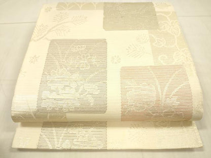平和屋着物＊夏物　六通柄袋帯　色紙流水草花文　金糸　正絹　逸品　DAAU8327cm