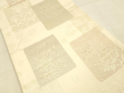 平和屋着物＊夏物　六通柄袋帯　色紙流水草花文　金糸　正絹　逸品　DAAU8327cm