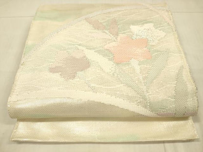 平和屋着物＊夏物　太鼓柄袋帯　唐織　草花文　銀糸　正絹　逸品　DAAU8435cm