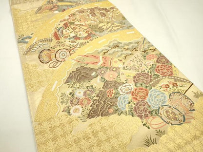 平和屋着物▼六通柄袋帯　唐織　扇面佳庭文　金糸　正絹　逸品　DAAU9054fe