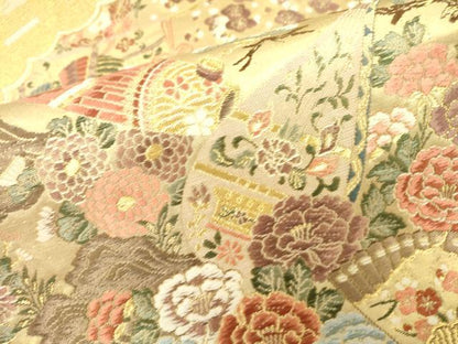 平和屋着物▼六通柄袋帯　唐織　扇面佳庭文　金糸　正絹　逸品　DAAU9054fe