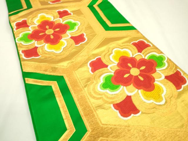 平和屋着物▼六通柄袋帯　唐織　正倉院亀甲花文　金糸　正絹　逸品　DAAU9127fe