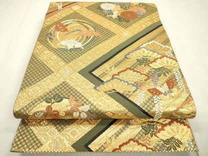 平和屋着物▼両面　六通柄袋帯　唐織　舞蝶花松文　金糸　正絹　逸品　DAAU9747fe