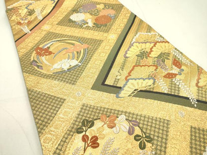 平和屋着物▼両面　六通柄袋帯　唐織　舞蝶花松文　金糸　正絹　逸品　DAAU9747fe