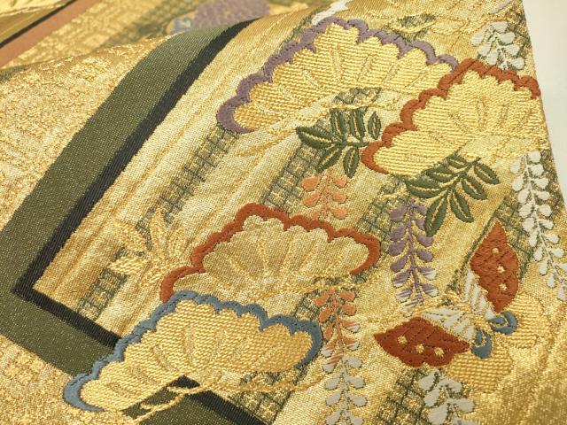 平和屋着物▼両面　六通柄袋帯　唐織　舞蝶花松文　金糸　正絹　逸品　DAAU9747fe