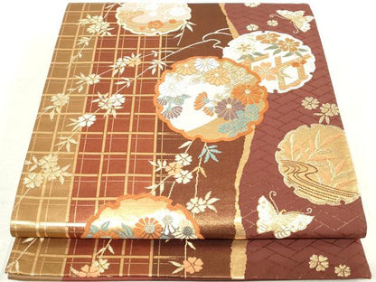 平和屋着物◎両面 六通柄袋帯 唐織 雪輪花蝶文 金糸 正絹 逸品 DAAV0572qa