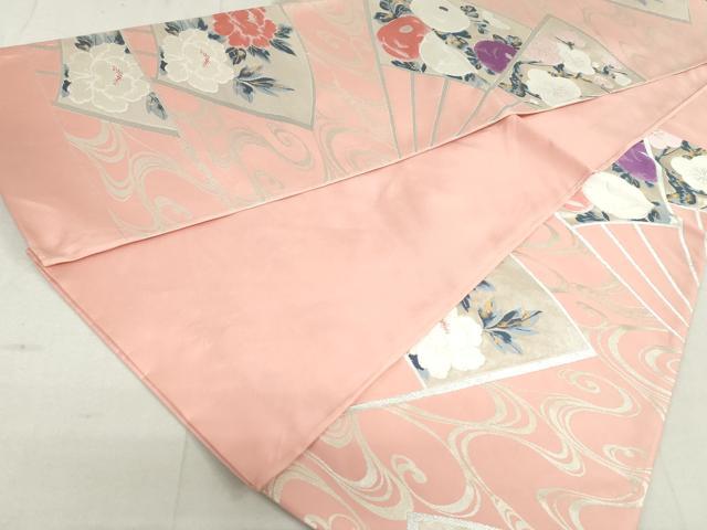 平和屋着物◎西陣 六通柄袋帯 唐織 扇面枝花文 牡丹 銀糸 正絹 逸品 DAAV0596qa