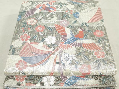 平和屋着物◎六通柄袋帯 唐織 エ霞鳳凰花文 糸巻き 銀糸 正絹 逸品 DAAV0598qa